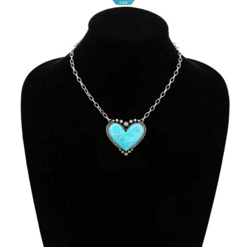 Kalung Liontin Bohemian Vintage Love Heart Turquoise Wanita Boho Aesthetic Rantai Leher Cantik2023Trend Fashion Jewelry [ZK]