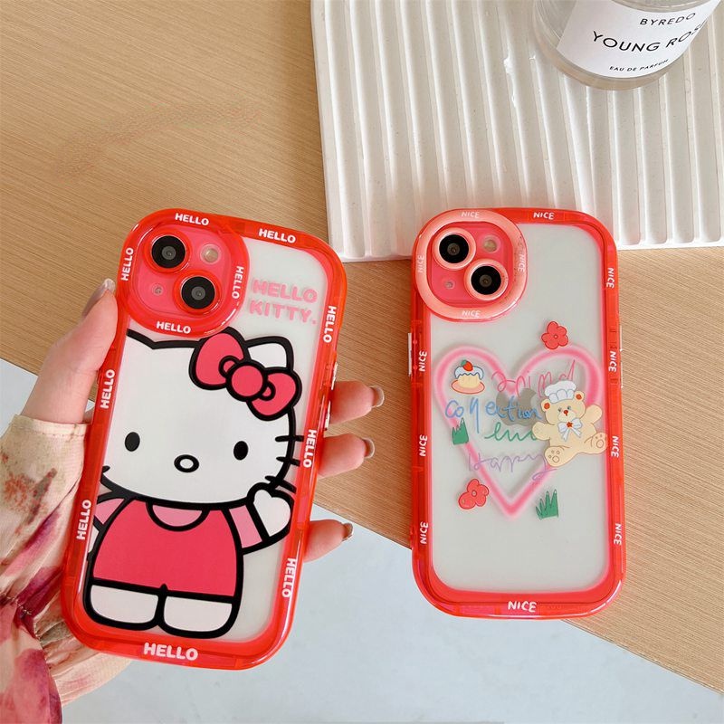 【Fluorescence Case】All New Air bag Independent buttons Soft Case IPhone 11 12 13 14 Pro Max Women Girl Fashion Cute Hello Kitty Love Bear Pink Red Phone Case