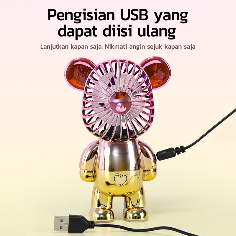 KADONIO Kipas Angin Mini Portable Karakter Bearbrick Meja USB Cas 3 Pengaturan Kecepatan Bentuk Beruang Alas Anti Selip Bagian Bawah Yang Tebal KL-FN22