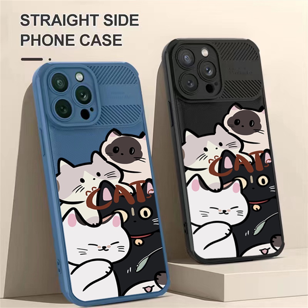 Case Serat Karbon OPPO A17 A57 2022 A15 A16 A16K A76 A36 A54 A53 A12 A5S A7 A3S A11k A52 A96 A74 A94 A37 F9 5F A1K A55 C1 C2 Kartun Lucu Doodle Kucing Silang Grain Phone Cover