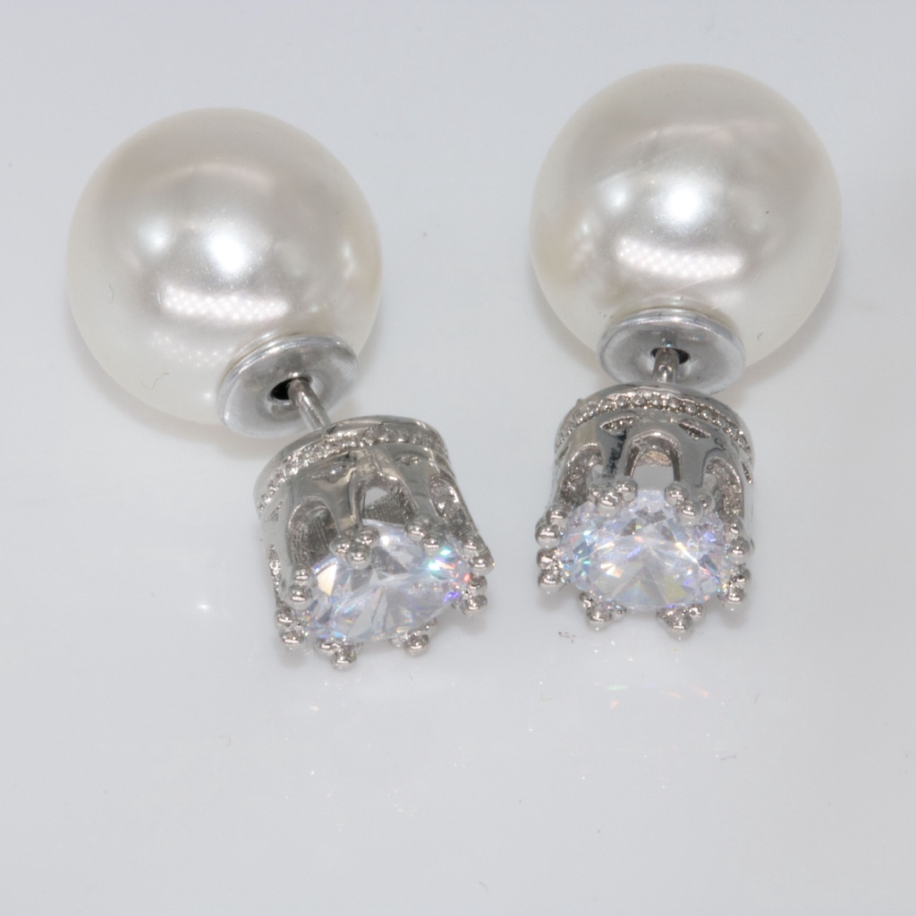 Goldkingdom Aksesoris Perhiasan Fashion Ready Stock Corolla Silver Stud Earrings, Mahkota Mutiara Set Dengan Berlian, Anting Perak, Dua Manik-Manik, Satu Pakai