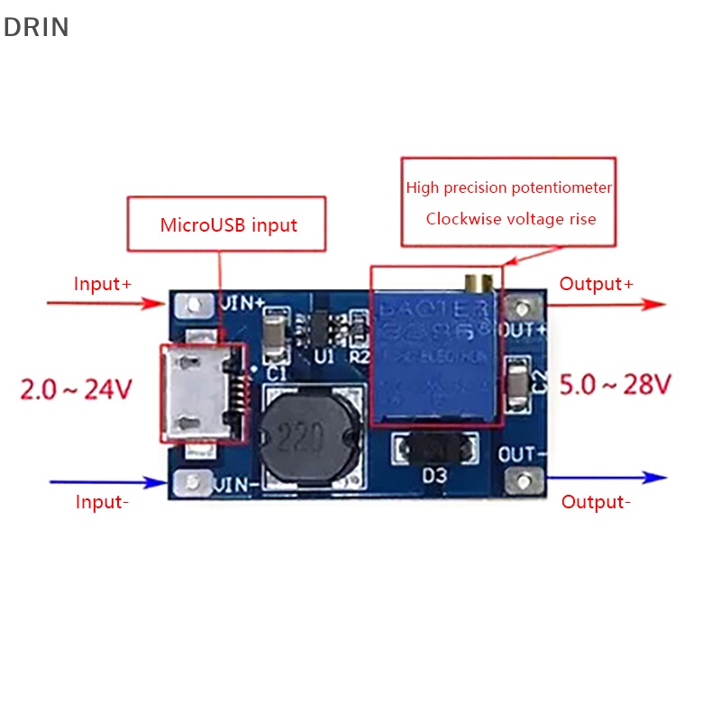 Dr DC-DC Modul Boost Adjustable 2A Boost Plate Step Up Module Dengan/Tanpa MICRO USB 2V-24V Ke 5V 9V 12V 28V vn