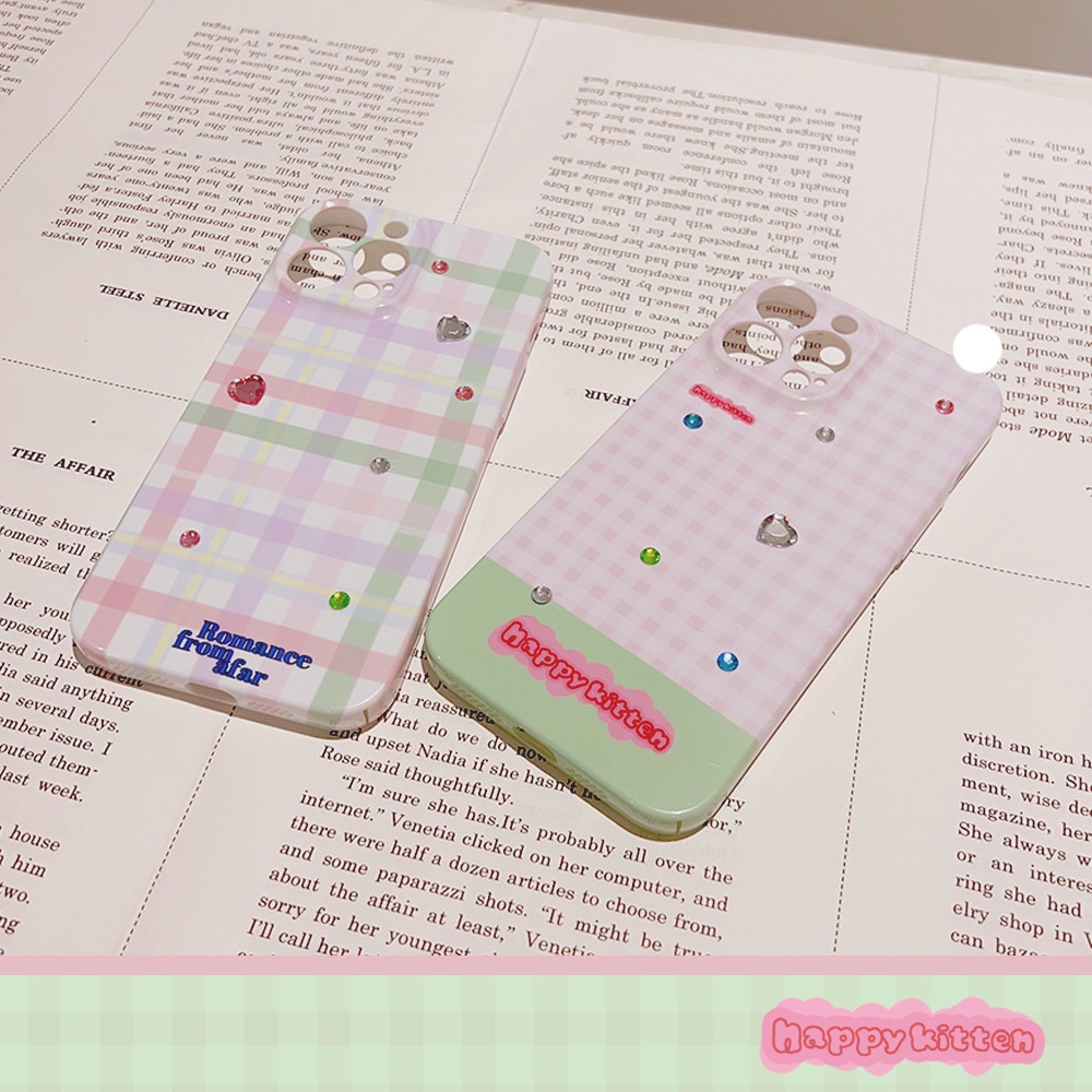 IPHONE Musim Panas Romantis Macaron Warna Kotak-Kotak Telepon Hard Case Film Cover Dengan Manik-Manik Berlian Imitasi Pelindung Untuk Iphone7-8 PLUS X XR XS 11 12 13 14 PRO MAX Se2020