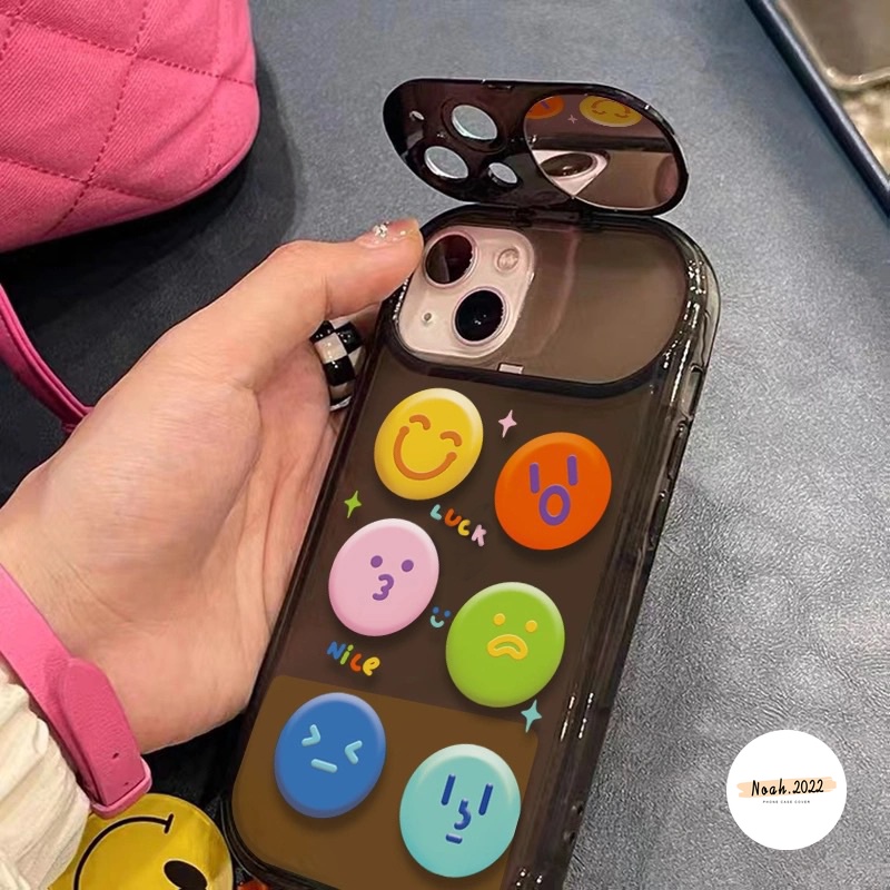 IPHONE Kartun Lucu Smiley Case Dengan Gelang Kompatibel Untuk Iphone11 Pro MAX XR 78 Plus 14 12 13 Pro MAX X XS MAX SE 2020 Kreatif Flip Make Up Cermin Shockproof Soft TPU Case