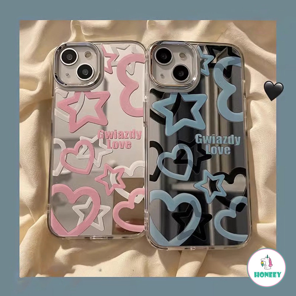 IPHONE Ins Korea Mirror Phone Case Untuk Apple14 Phone Case Untuk Iphone11 12 13 Pro Max Cinta Hati Bintang Shockproof Soft Cover Pelindung