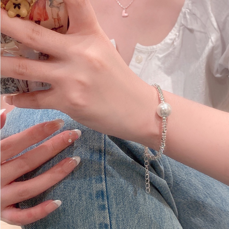 Yeezii Fashion Gelang Perak Untuk Wanita Mutiara Blok Logam Manik-Manik Rantai Gelang Aksesoris Perhiasan