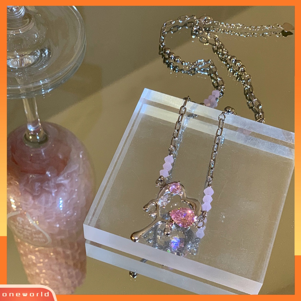 [ONE] Rantai Ekstensi Dapat Disesuaikan Paduan Lady Kalung Pink Cubic Zirconia Jantung Liontin Choker Kalung Perhiasan Aksesori
