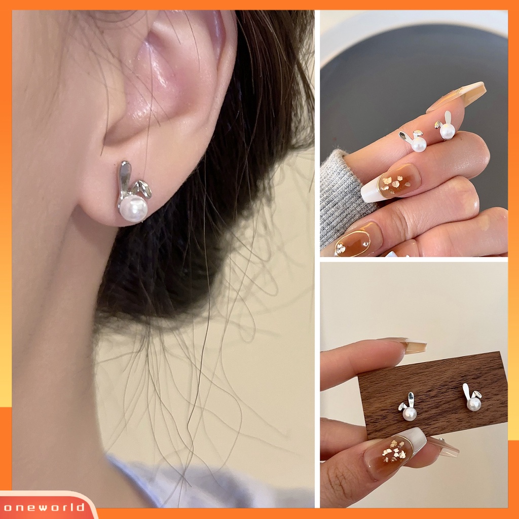 [ONE] 1pasang Cute Rabbit Ear Studs Shiny Faux Pearl Kecil Alloy Wanita Remaja Perempuan Stud Earrings Fashion Perhiasan Hadiah