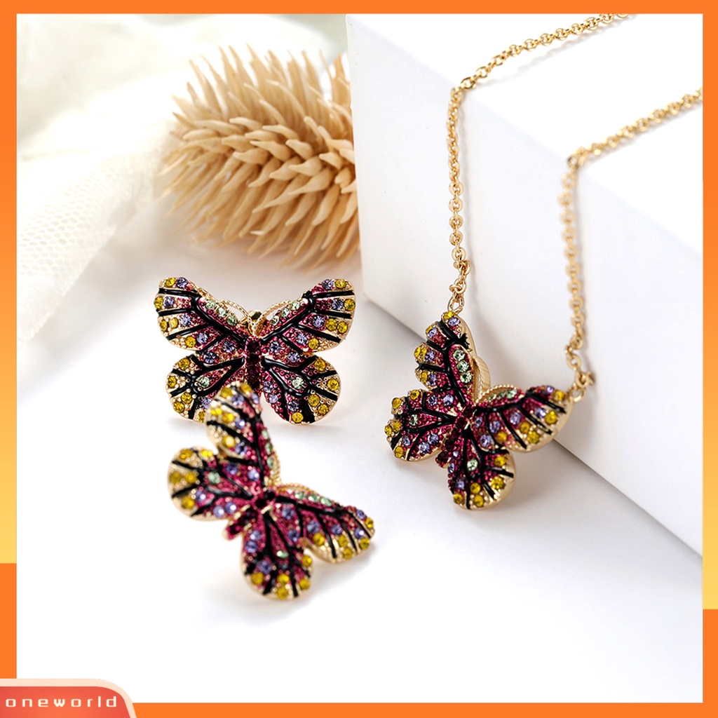 [ONE] 1set Set Perhiasan Bersinar Kupu-Kupu Berbentuk Temperamen Menarik Kilau Cerah Dekorasi Electroplating Lady Dress Leher Rantai Anting Wanita Aksesori