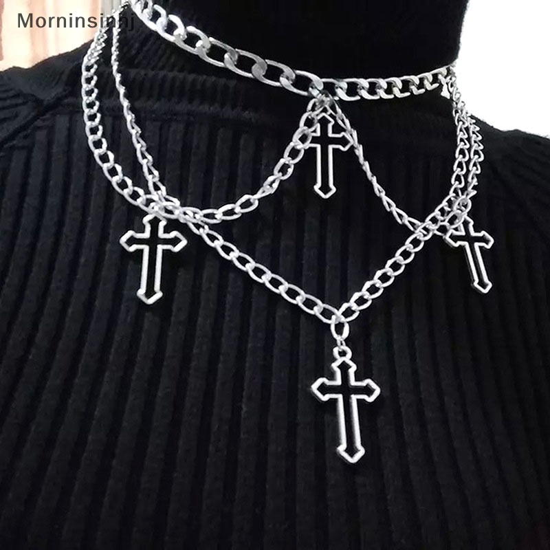 Mornin Goth Hollow Cross Choker Kalung Untuk Wanita Gothic Layered Chunky Pendant Necklaces Long Multilayer Chains Necklace id