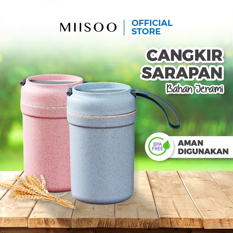 MIISOO Cangkir Sarapan Multifungsi Mangkuk Sup Jerami Gandum Piknik Portable 330ml TMT0018-2 Mangkok Sup Portable Cangkir Sarapan Soup Cup Anti Tumpah