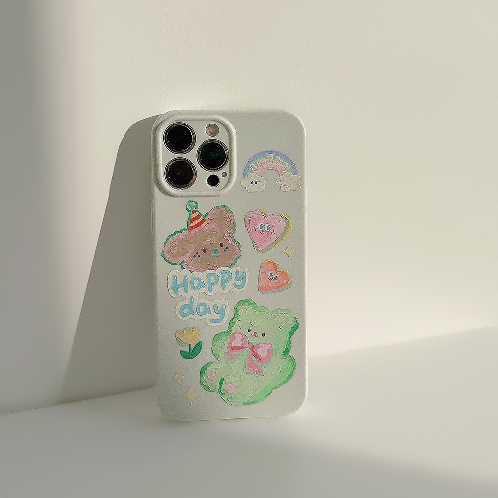 IPHONE Ins Lucu Beruang Hijau Minyak Kartun Silikon Case Untuk Iphone14 11 12 13 PRO MAX Casing Cover Pelindung AT0340