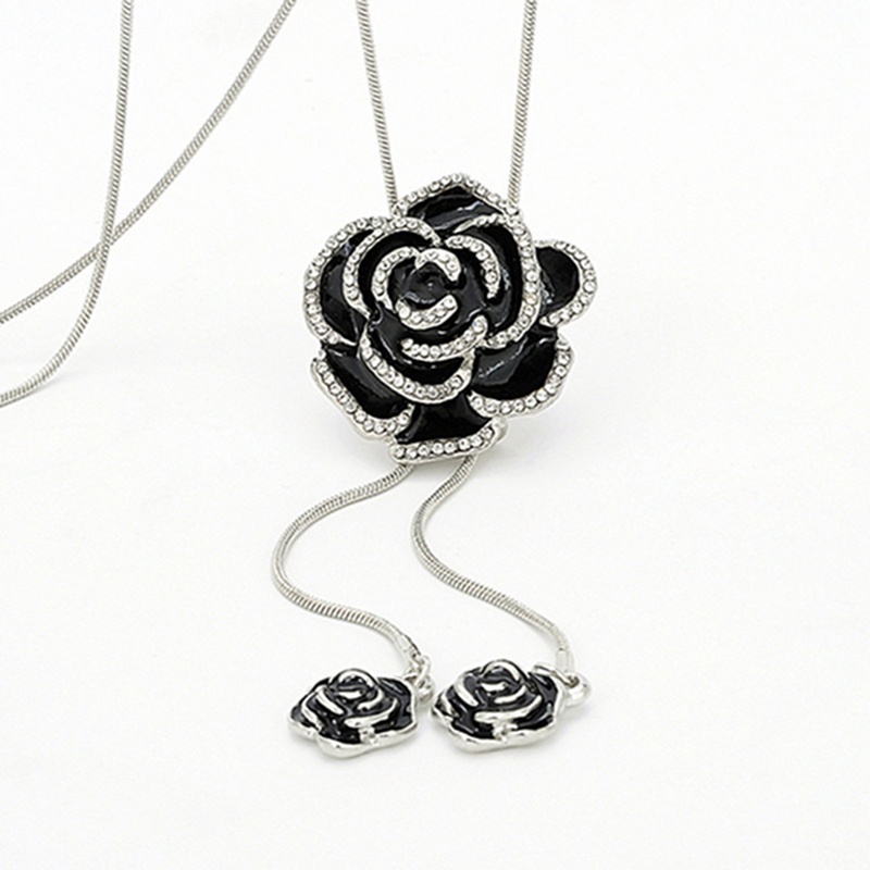 Fashion Hitam Mawar Kalung Panjang Untuk Wanita Retro Kualitas Tinggi Berlian Bunga Liontin Klavikula Rantai Perhiasan