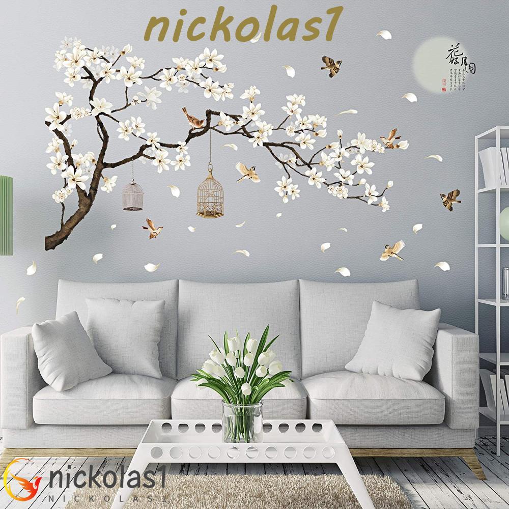 Nickolas1 Stiker Dinding Bulan Purnama Kamar Tidur Removable Dekorasi Rumah Bunga Putih Gaya Cina Decals