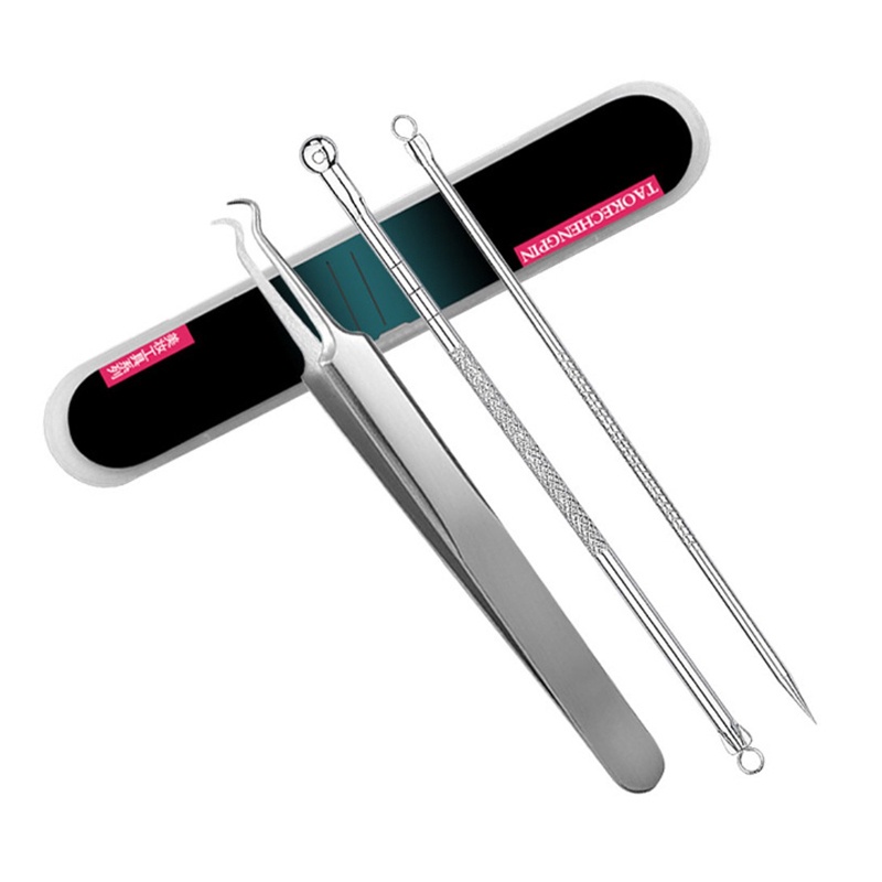 (NCS) Set Pinset Pemencet Komedo Alat Pembersih Pencabut Pengangkat Pencetan Jerawat Blackhead Remover Kit Stainless Steel Set 3 / 4 in 1 Pcs