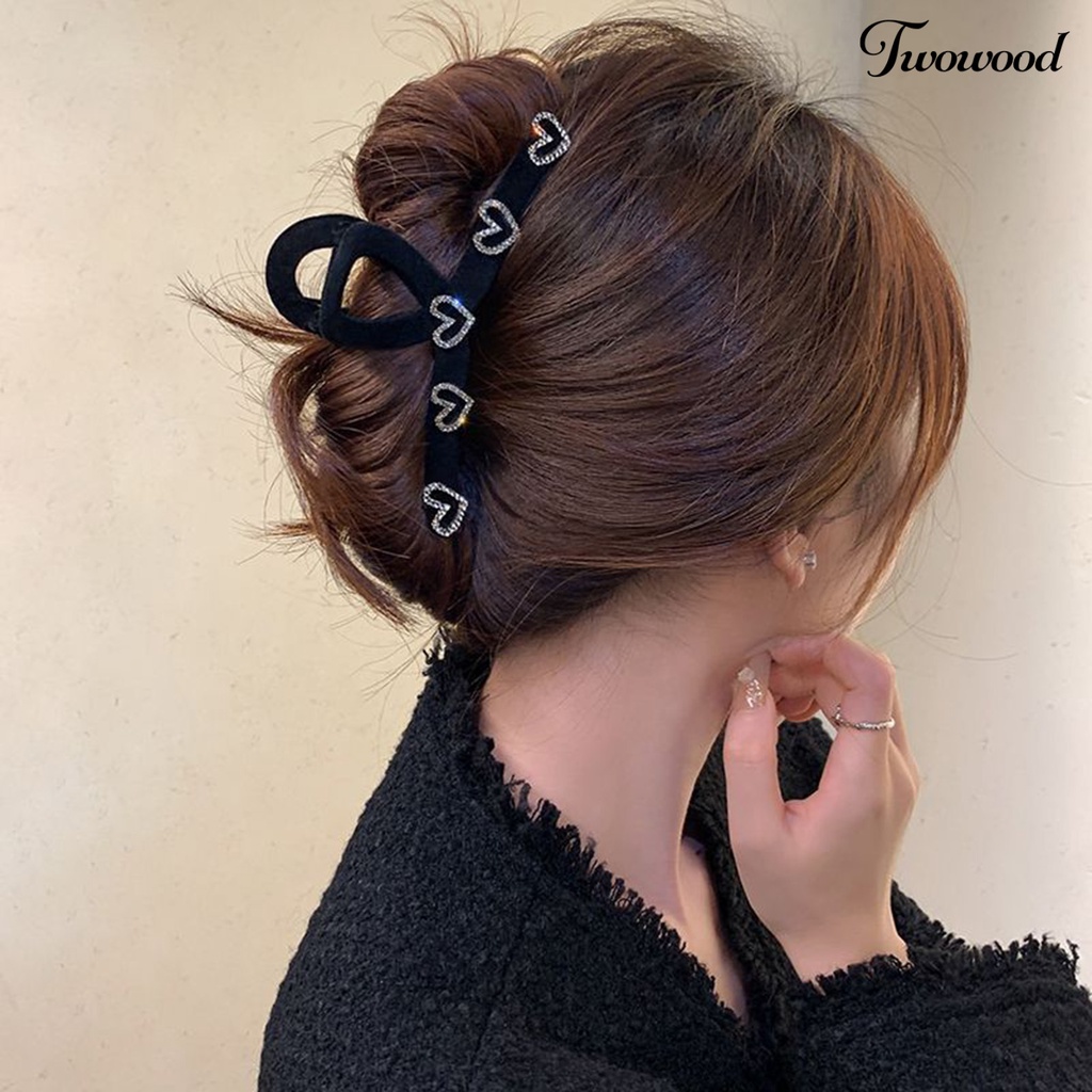 Twowood Hair Grip Elastis Anti-slip Dengan Gigi Bentuk Hati Berlian Imitasi Mengkilap Hias Gaya Manis Berongga Keluar Lady Hair Claw Rambut Styling Aksesoris