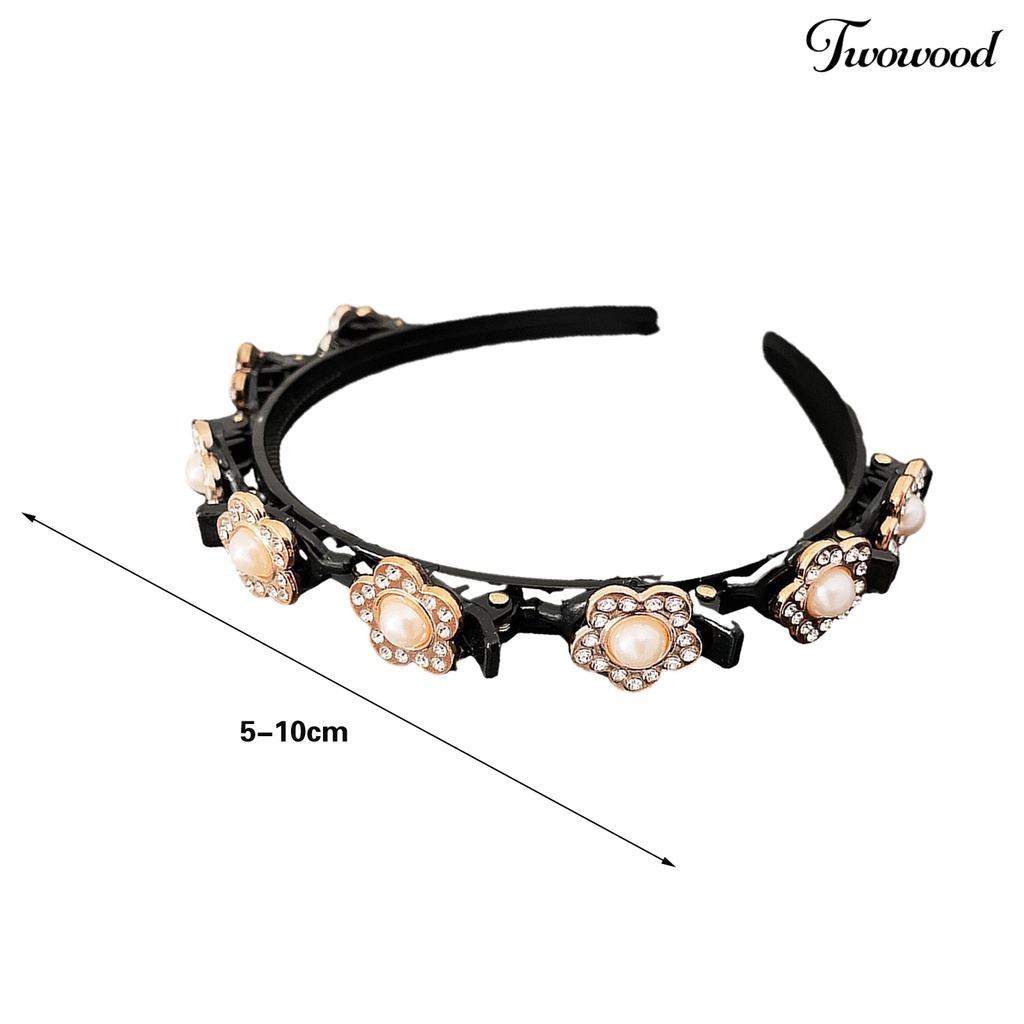 Twowood Bersinar Berlian Imitasi Mutiara Imitasi Dekorasi Bunga Wanita Headband Non-slip Elastis Double Layer Poni Klip Rambut Hoop Aksesoris Rambut