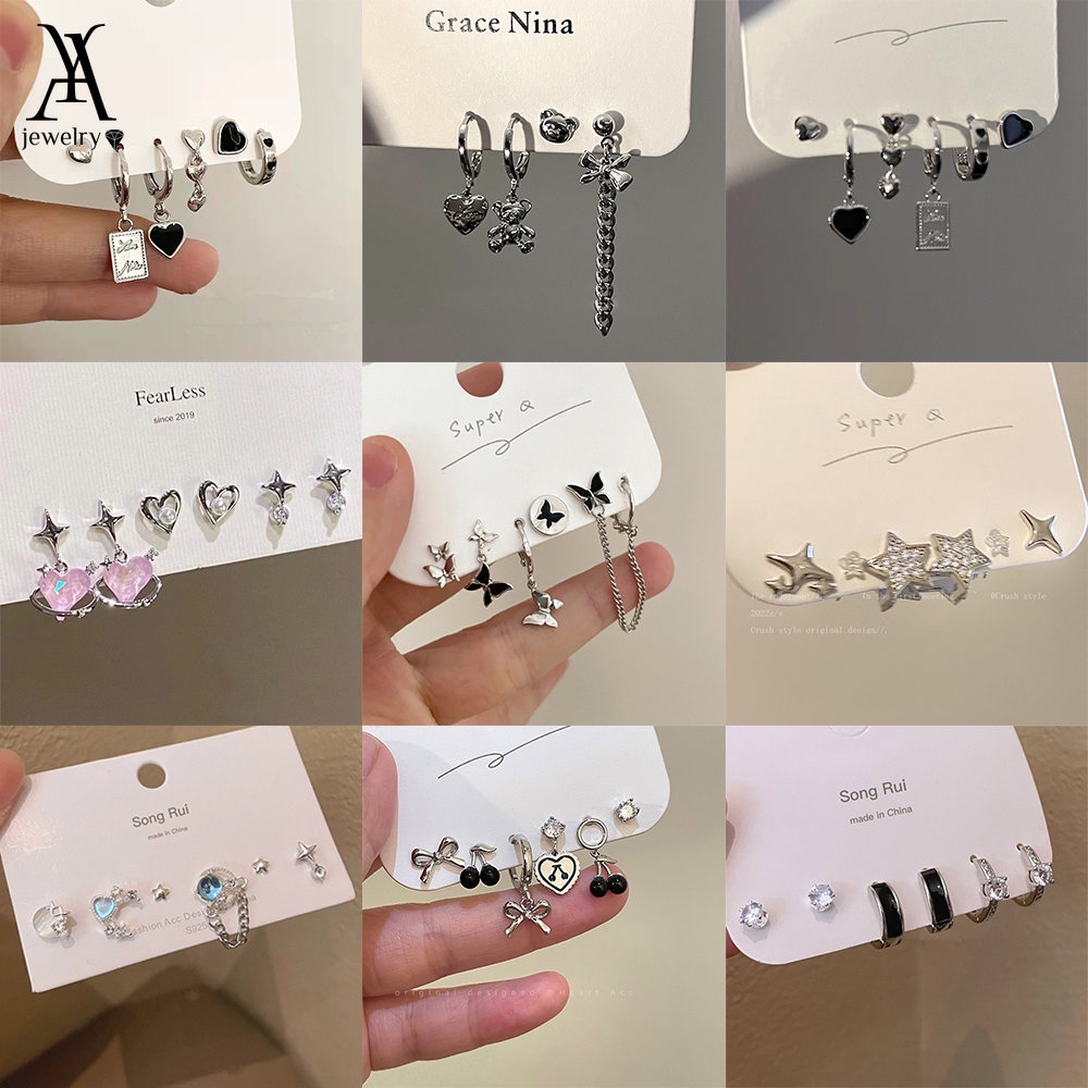 Ay(cn) Fashion Kupu-Kupu Hati Bintang Stud Anting Set Kristal Zirkon Perak Rumbai Anting Untuk Aksesoris Perhiasan Wanita