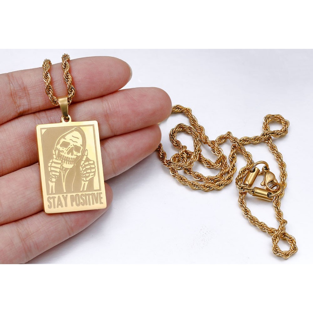 [X C Kalung] Baru Emas &amp; Perak Hip-hop Punk Retro Persegi Army Kartu Tengkorak Baja Titanium Liontin Stainless Steel Kalung Untuk Pria Dan Wanita Hadiah Liburan Perhiasan