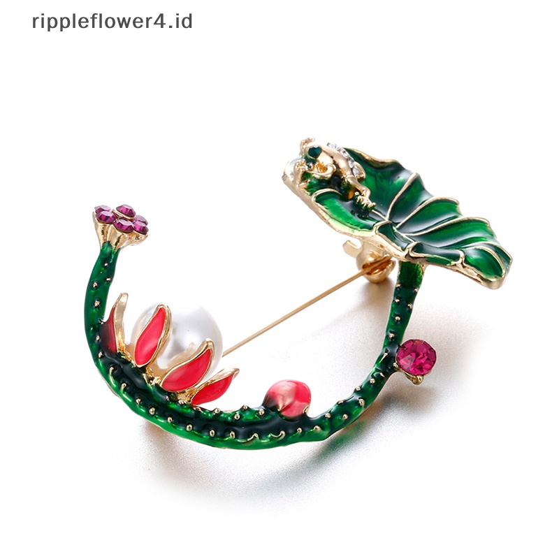 {rippleflower4.id} Enamel Lotus Bunga Daun Hijau Kodok Bros Pin Baju Kerah Pin Perhiasan Hadiah~