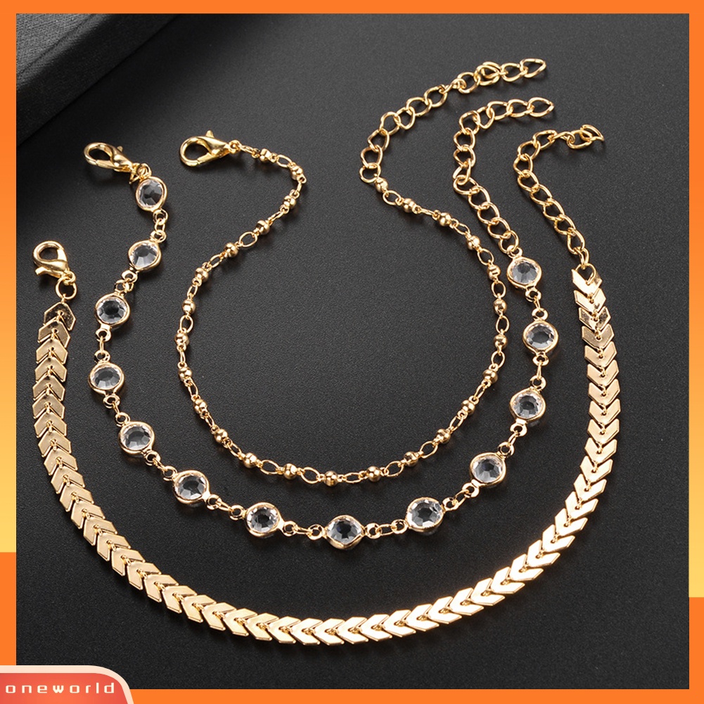 [WOD] 3pcs Golden Tone Faux Crystal Fish Bone Anklet Multi-layer Gelang Kaki Pantai