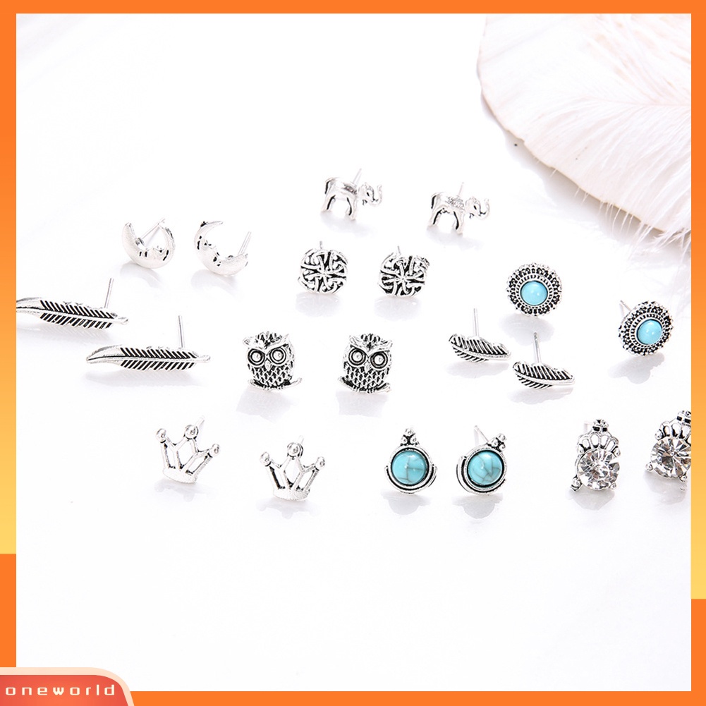 [WOD] 10pasang Wanita Berlian Imitasi Mahkota Gajah Burung Hantu Daun Telinga Studs Earrings Jewelry