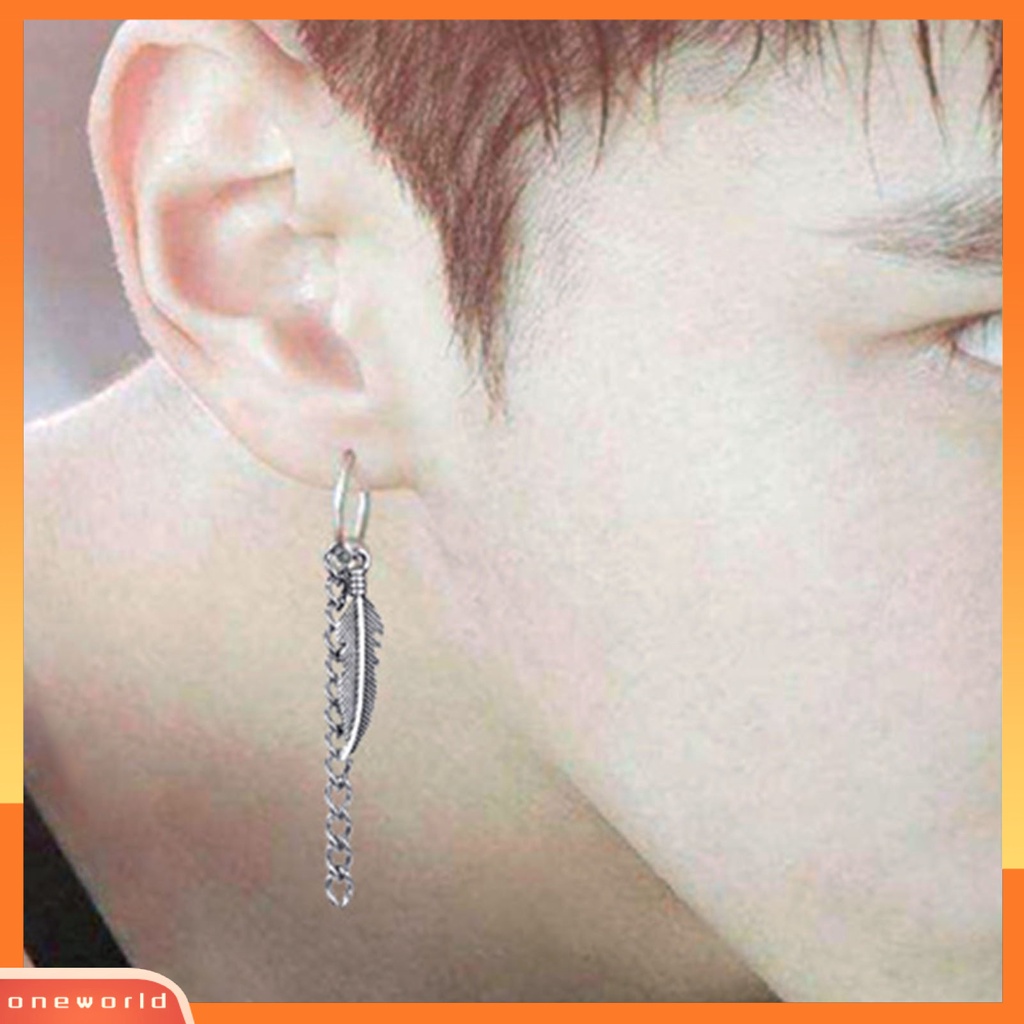 [WOD] 1pcs Fashion Rantai Panjang Klip Telinga Stainless Steel Piercing Loop Hoop Earring Untuk Pria