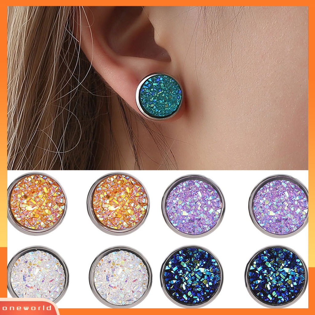 [WOD] 1pasang Ear Stud Hias Stud Telinga Berlian Imitasi Bentuk Bulat Stainless Warna-Warni Untuk Hadiah