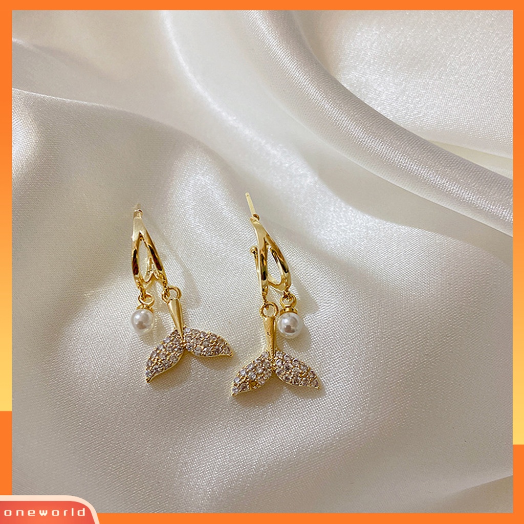 [WOD] 1pasang Drop Earrings Fishtail Faux Pearl Alloy Vintage Cubic Zirconia Anting Menjuntai Untuk Pesta Cocktail