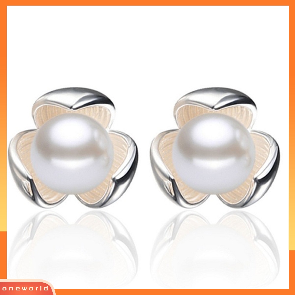 [WOD] Wanita Fashion Mutiara Imitasi Hias Clover Stud Earrings Hadiah Perhiasan Pesta Pernikahan