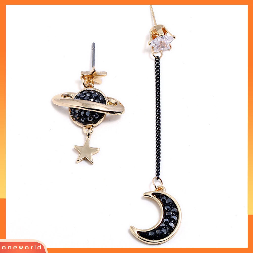 [WOD] Star Moon Ear Stud Berlian Imitasi Menjuntai Asimetris Anting Wanita Perhiasan Hadiah