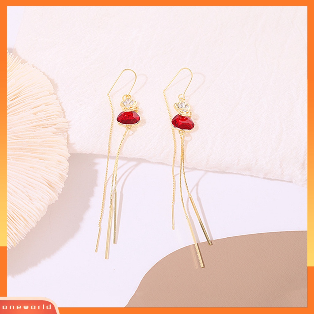 [WOD] 1pasang Anting Garis Telinga Tas Uang Rhinestones Perhiasan Merah Gaya Korea Anting Menjuntai Untuk Pernikahan