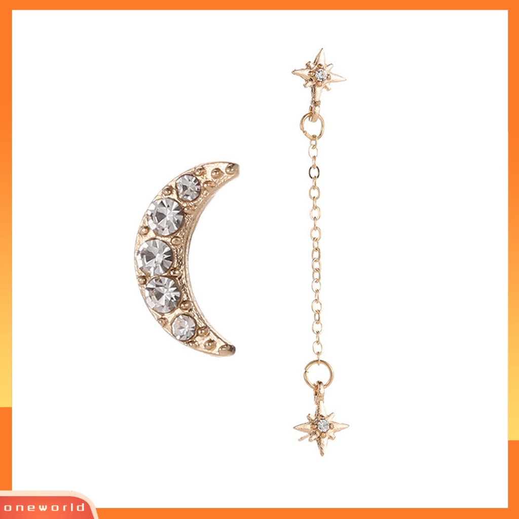 [WOD] 2pcs /Set Anting Vintage Rantai Bulan Bintang Berlian Imitasi Alloy Stud Telinga Unik Untuk Wanita