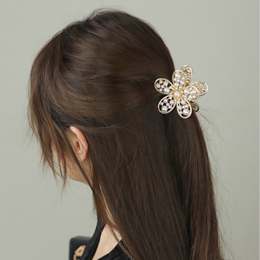 Korea Alloy Berlian Imitasi Bunga Rambut Klip Rambut Cakar Kristal Mutiara Jepit Rambut Ponytail Holder Woman Hair Accessories