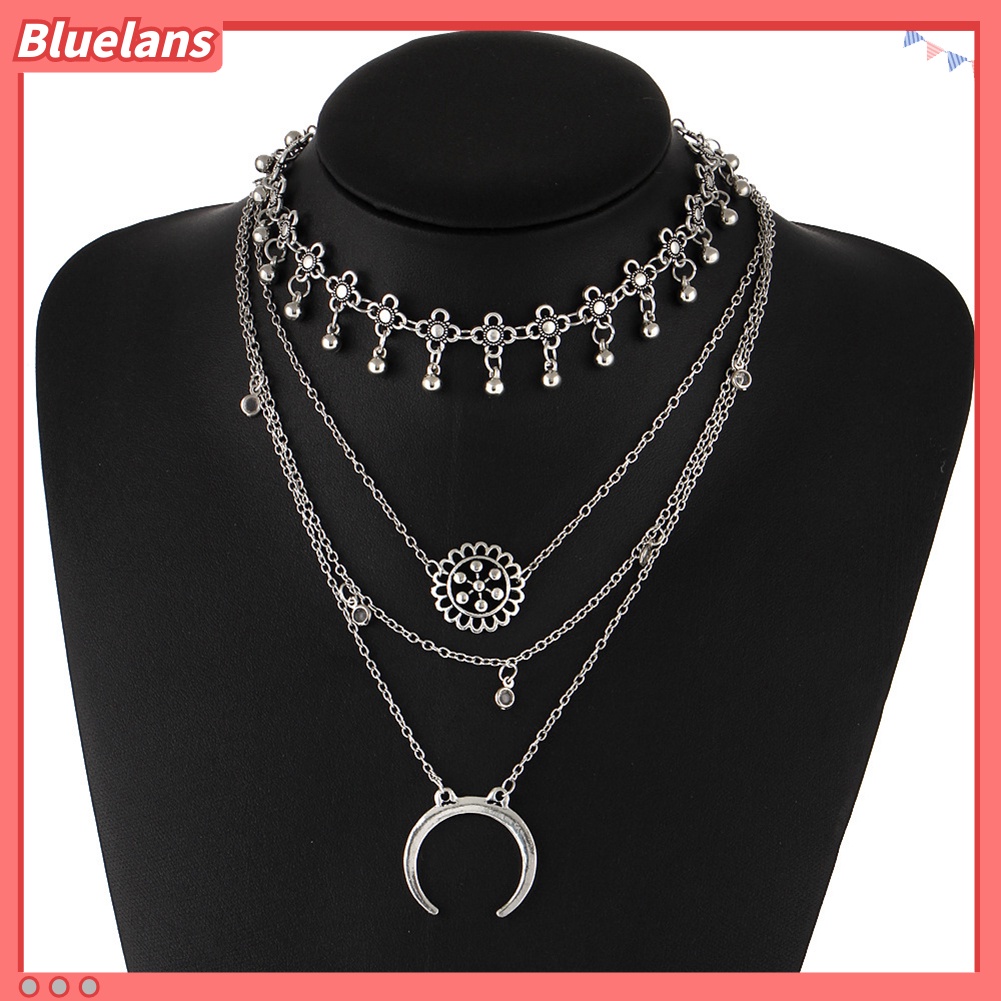 [BLS] 1pc Vintage Logam Bunga Bulan Liontin Choker Boho Multilayer Kalung Pesona