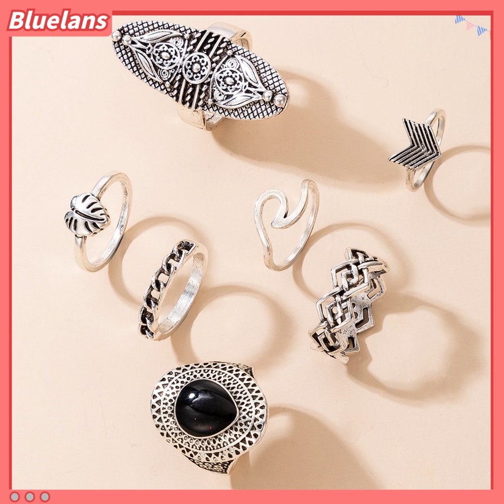 [BLS] 7pcs Cincin Bohemian Wanita Anti Tarnish Geometris Permata Imitasi Jari Cincin Set Perhiasan Untuk Pesta