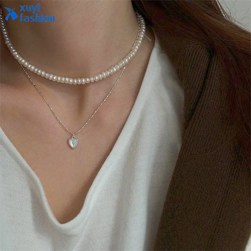 Mutiara Multilayer Kalung Heart Moonstone Pendant Choker Necklace Untuk Wanita Fashion Perhiasan Aksesoris