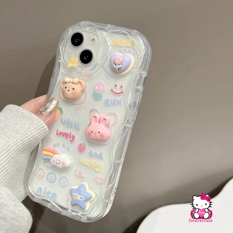 IPHONE Casing 3D Wavy Curved Edge Soft Glossy Kompatibel Untuk Iphone11 14 12 13 Pro Max 7 8 6 6s Plus XR XS X Max SE 2020 Kartun DIY Boneka Lucu Beruang Monster Star Rabbit Rainbow Phone Cover