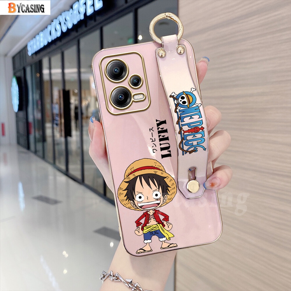 Xiaomi Poco X5 5G M4 Pro M3 Pro X3 NFC Redmi10 5G 9T 12C Note9 Note9S Note8 Note10 5G Mewah Berlapis Chrome Kartun Anime Luffy Soft TPU Square Phone Case Dengan Gelang Tangan BY