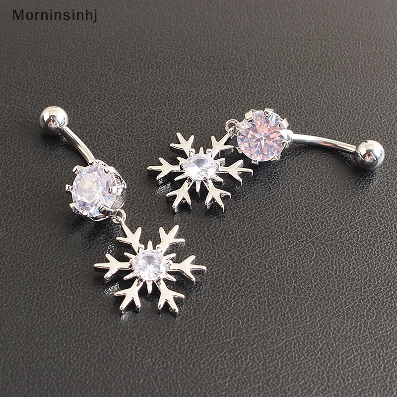 Mornin Kristal Zirkon Snowflake Pusar Kuku Stainless Steel Kreatif Pink Dan Putih Pusar Cincin Bar Untuk Wanita Perhiasan Tubuh Seksi id