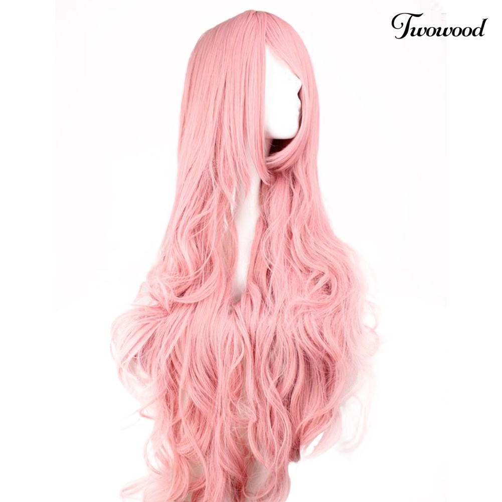 Twowood Pink Natural Wig Keriting Panjang Wanita Fashion Berbulu Sopak Untuk Pesta Cosplay