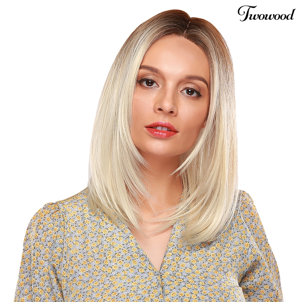 Wig Twowood 18inch Tahan Panas Full Rambut Pendek Lurus Sintetis Natural Untuk Wanita