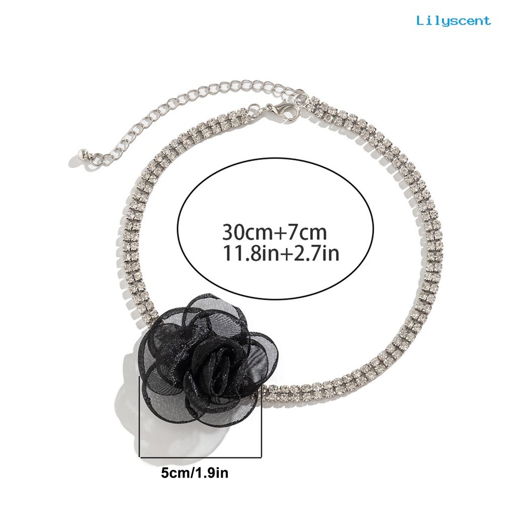 [LS]Wanita Choker Berlian Imitasi Rantai Shiny Extended Adjustable Elegan Hadiah Retro Handmade Bunga Mawar Perempuan Kerah Kalung Perlengkapan Pesta