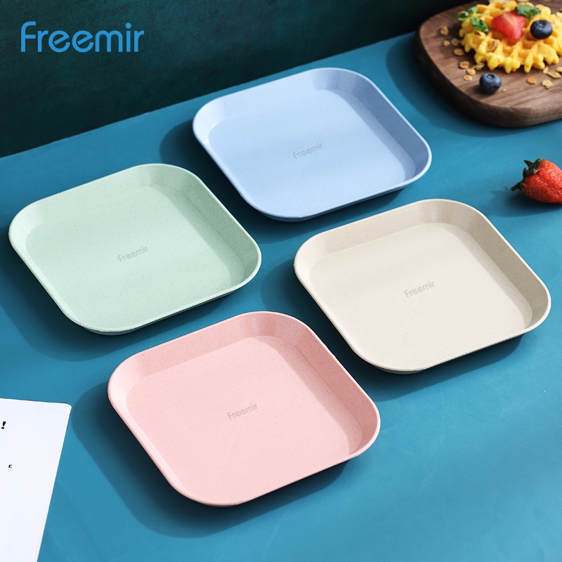 freemir Piring Kue Set 4 Pcs Ukuran 14 cm Wheat Straw Piring Makan Kotak Warna Warni