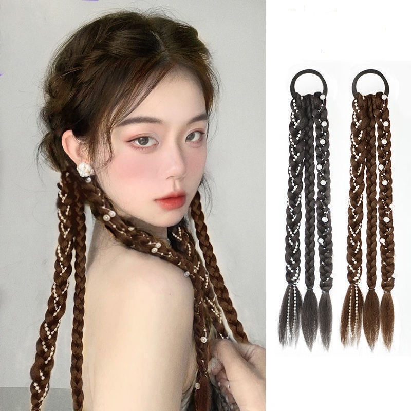 Fashion Wig Panjang Ponytail Kepang Tali Rambut Mutiara Rantai Wig Ikat Rambut Wanita Aksesoris Rambut