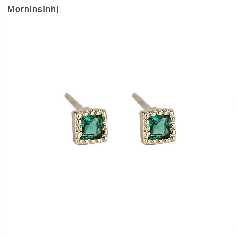 Mornin Earring Stud Anting Tusuk Bentuk Kotak Cubic Zirconia Warna Emerald Untuk Wanita Trendy id