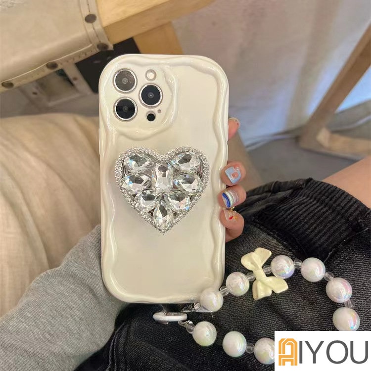 IPHONE Mewah Bling Berlian Love Heart Phone Grip Tok Griptok Korea Holder Phone Case Untuk Iphone11 12 13 14 Pro Max7 8 Plus 11Pro X XR XS MAX Se2020 2022 Casing Ponsel Gelombang Lucu