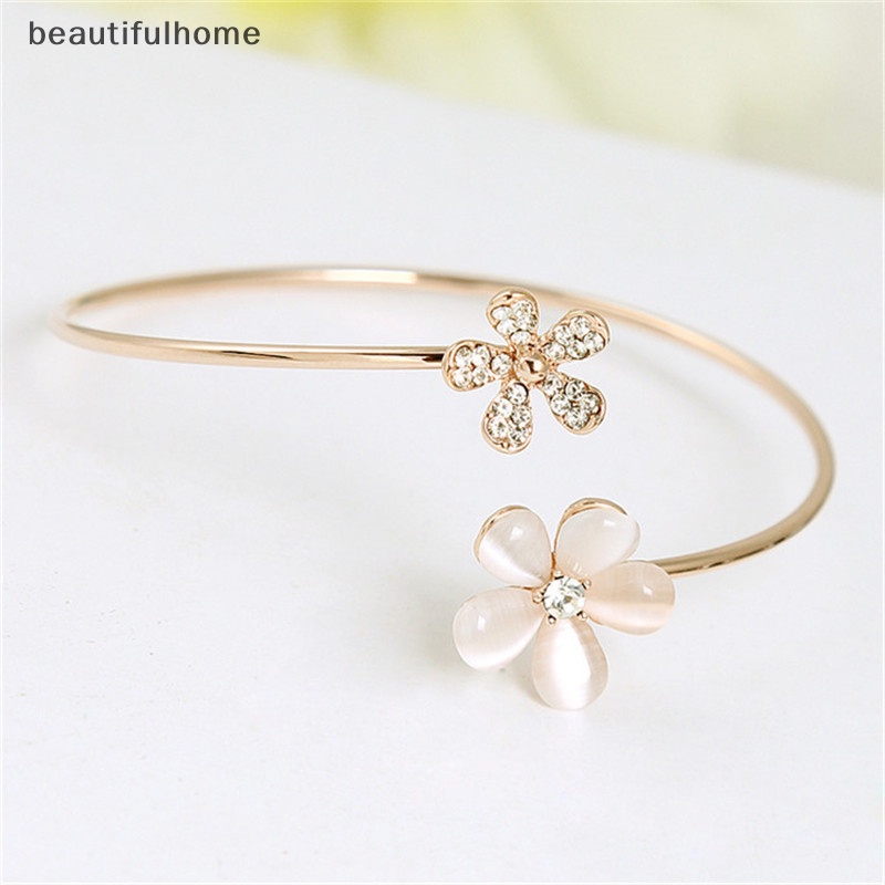 {beautifulhome} Fashion Wanita Bunga Kristal Berlapis Emas Manset Gelang Bangle Pesona Perhiasan Hadiah.