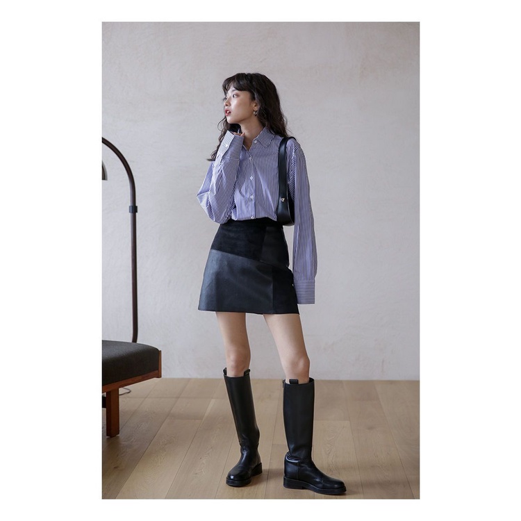 Kemeja Oversize Wanita Stripe Lengan Panjang Polo Blouse Import