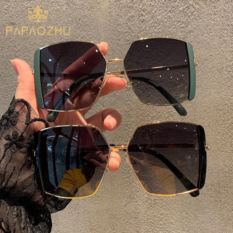 Papaozhu Chic Oversized Square Kacamata Hitam Untuk Wanita UV400 Tabir Surya Fotografi Sunglass Eyewear